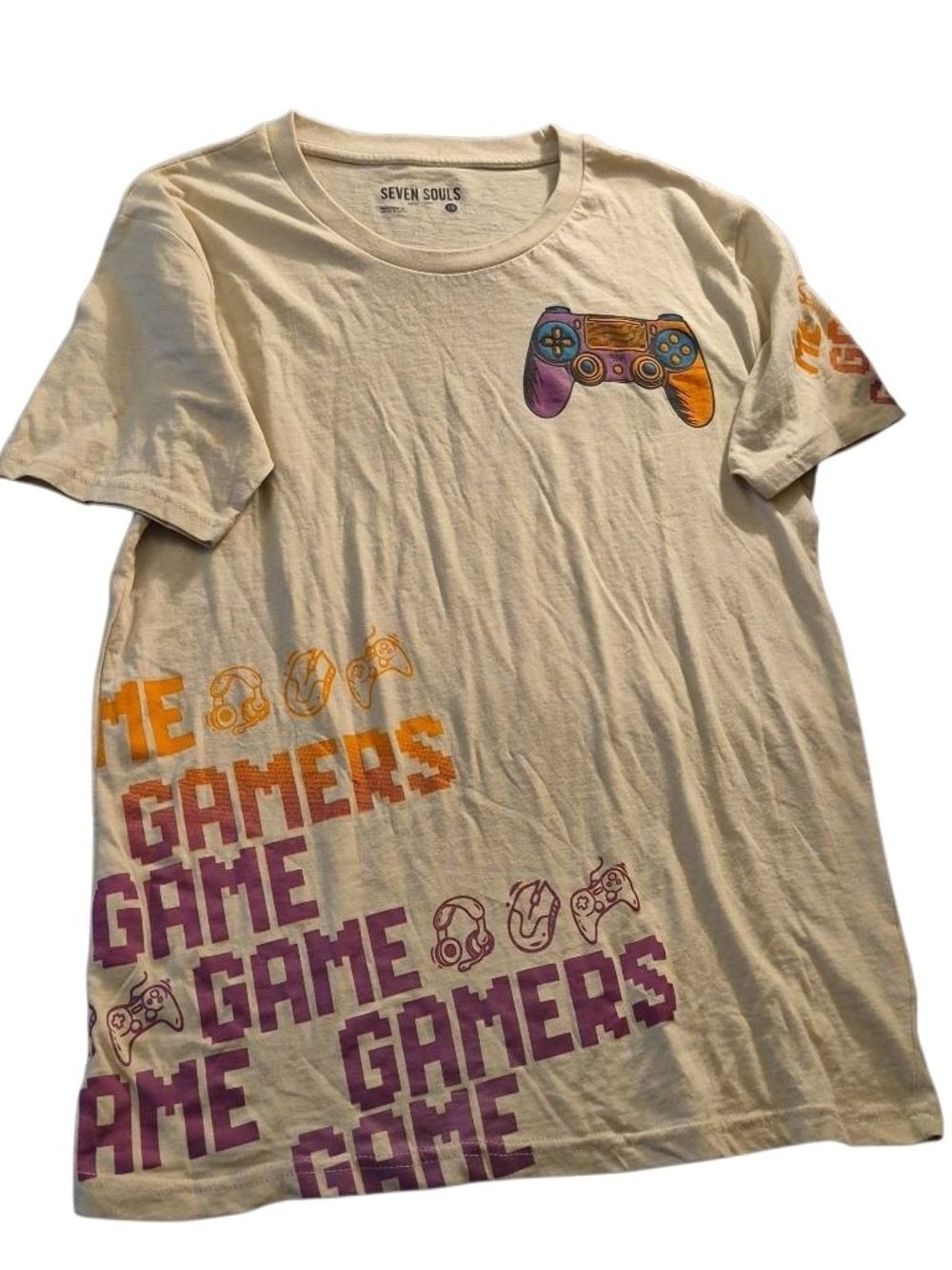 Seven7 Cream Tee with Multicolor Controller and Orange/Purple Graphics(126)